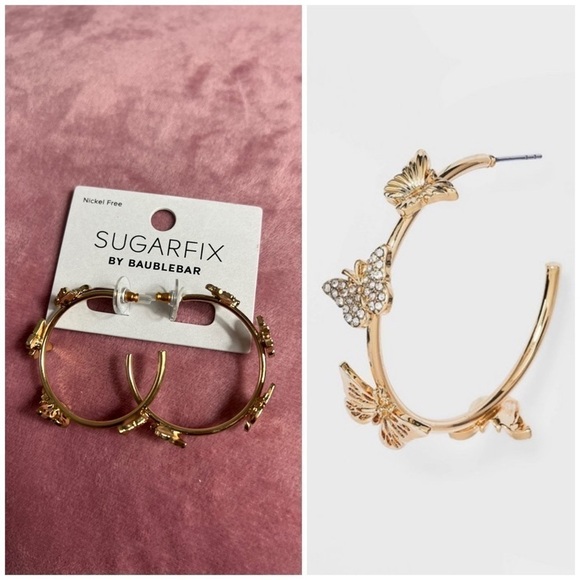 Sugarfix by BaubleBar Gold Tone Crystal Rhinestone Wings Butterfly Hoop Earrings - Picture 1 of 10